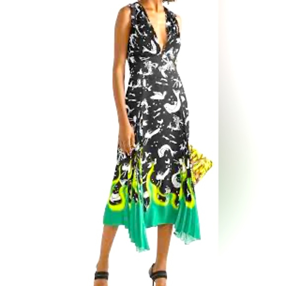 PRADA Green White Black Yellow Astrology Zodiac Flame Print Women’s Midi Dress
